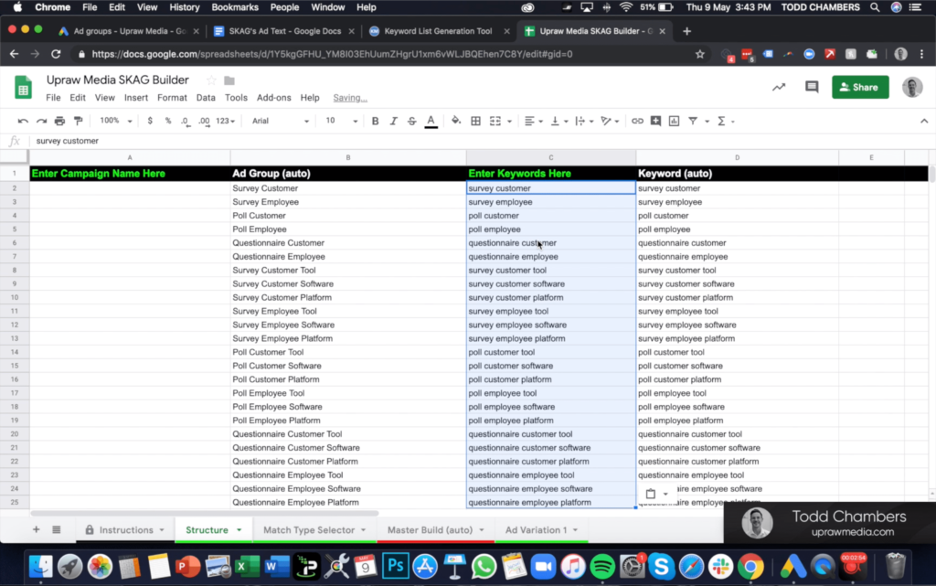 Screenshot of the SKAGs video tutorial on the free SKAGs spreadsheet tool and its keyword structure.