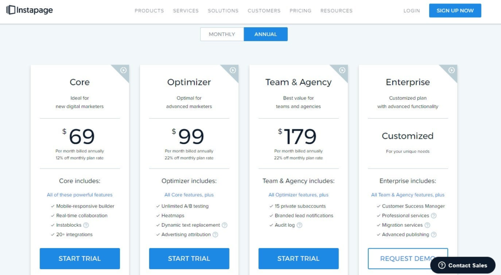 Instapage pricing page