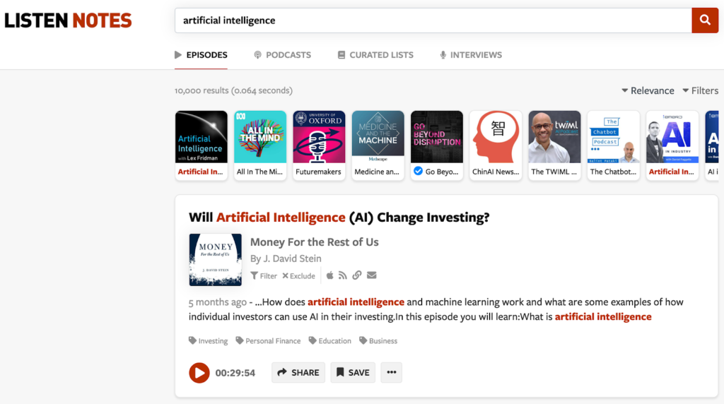 A listen notes podcast search on the topic of artificial intelligence