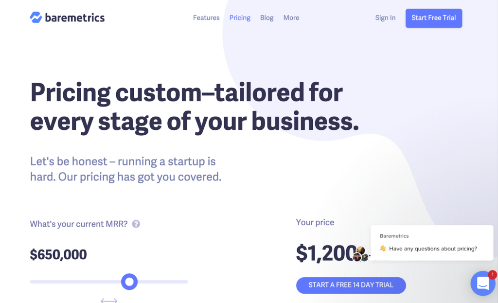 The homepage of the baremetrics.com detailing business details and pricing