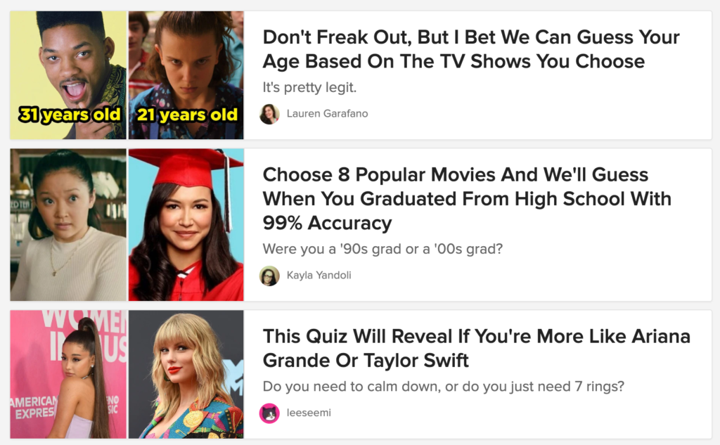 Three different Buzzfeed quizzes on pop culture topics like TV, movie and pop artists