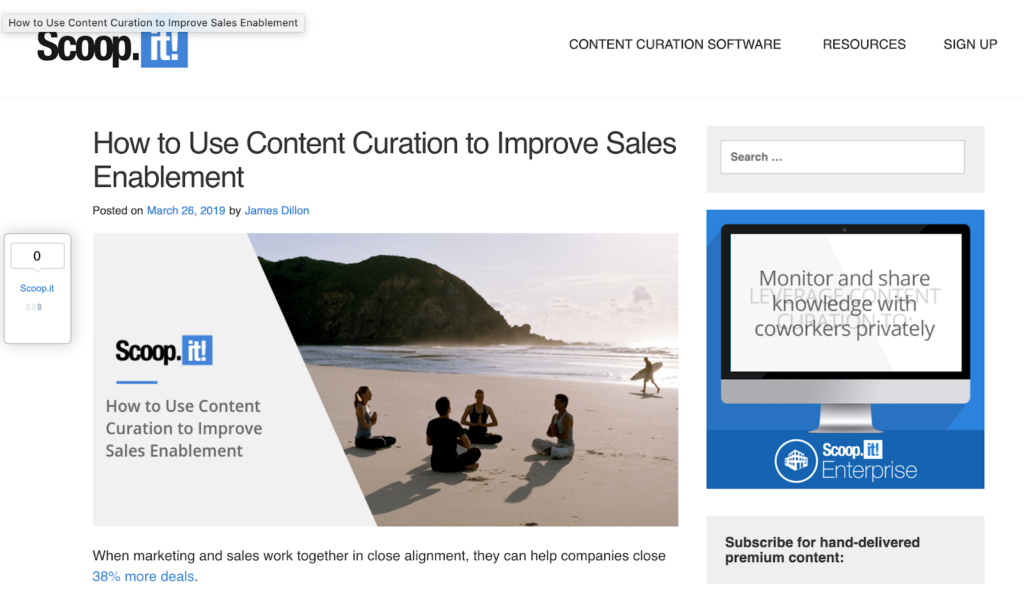 Screenshot of a blogpost by Scoop.it! on how to use content curation for sales improvement