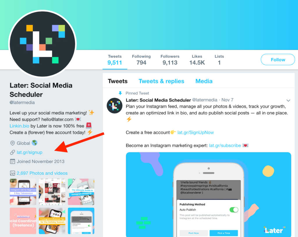 Twitter profile by Later.com, the social media scheduler