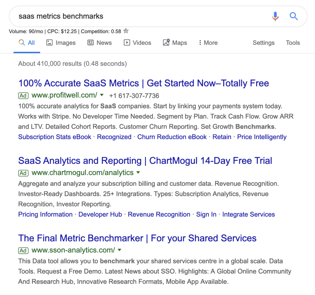 Google search results for the term "saas metrics benchmarks"