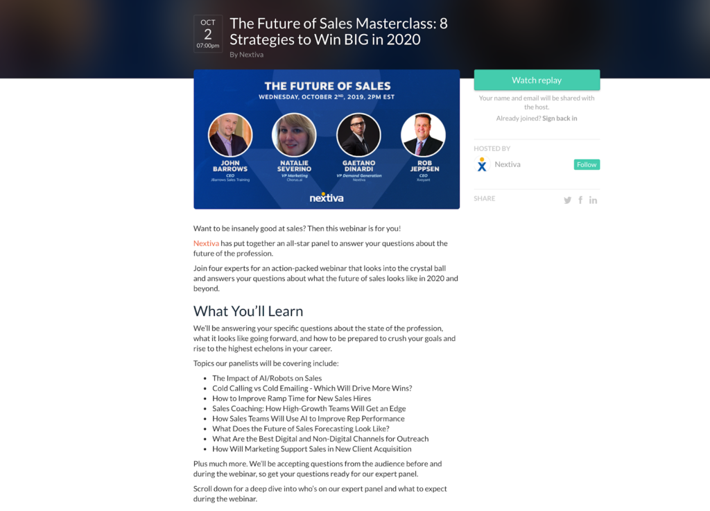 Screenshot of an information page about a webinar by Nextiva on the future of sales